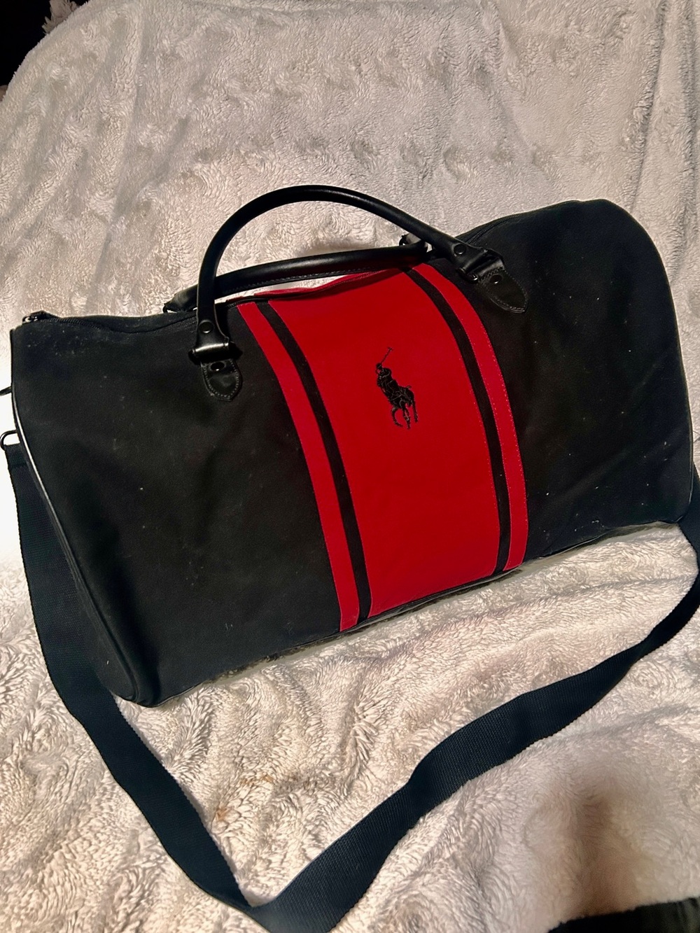 Polo by Ralph Lauren Black Canvas Weekender Bag with Red Stripe